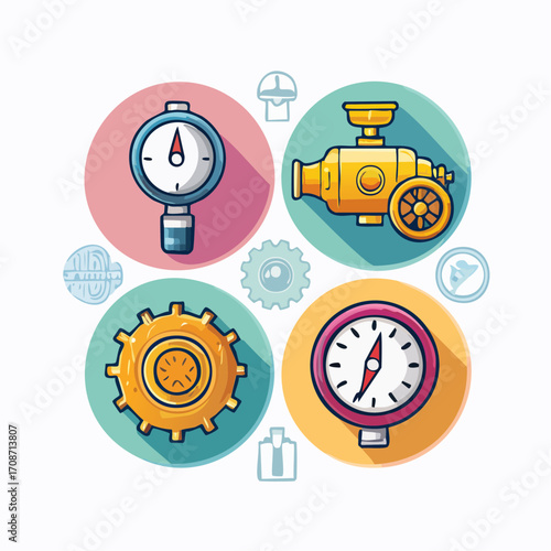 Industrial Icons: A meticulously crafted illustration showcases a set of unique industry icons in an orderly manner. The icons include a pressure gauge and gear.