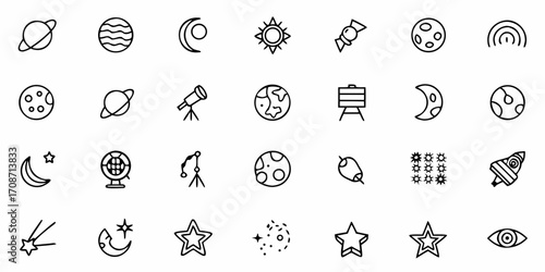 Explore the cosmos with a stunning collection of celestial icons featuring planets, stars, rockets, moons, and telescopes, perfect for science and discovery projects.