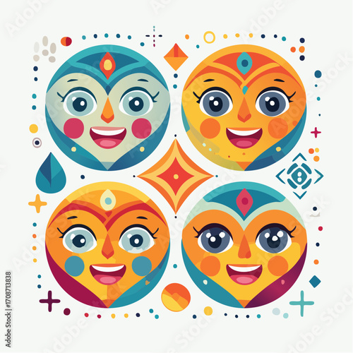 Whimsical Geometric Faces: An abstract, colorful illustration showcasing four cheerful, geometric faces arranged in a square pattern, each radiating joy and vibrant aesthetics.