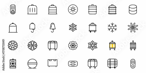 Vibrant collection of modern icons representing diverse objects like stylized flowers, snowflakes, containers, and abstract shapes, perfect for dynamic web design and creative projects