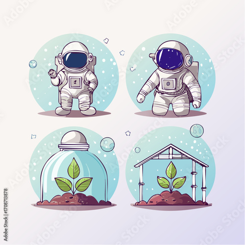 Astronauts and Nature: Adorable astronauts exploring with sprouts in a dome, a beautiful blend of space exploration and the budding essence of life.
