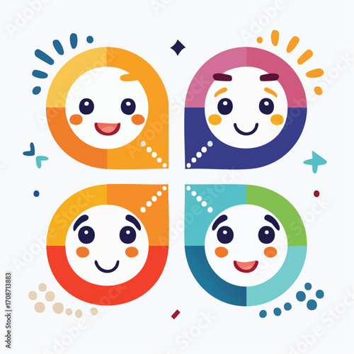 Colorful Friendship Blooms: Four whimsical, animated characters, each a vibrant petal in a graphic design, smile and connect, fostering the concepts of cooperation and unity. 