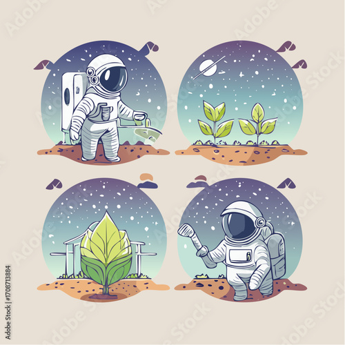 Astronaut in the Cosmic Garden: A whimsical illustration portrays an astronaut tending to life in space, watering a growing plant in the cosmos.