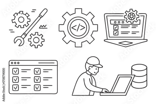 Software development engineering it support maintenance website development coding database management system process on transparent background