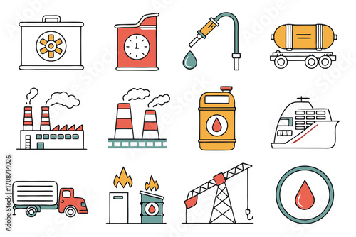 Oil and gas industry vector icons set including refinery factory tanker ship and fuel production elements on transparent background