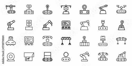 Dynamic collection of industrial robots, automation machinery, and manufacturing equipment icons for modern technology and production concepts