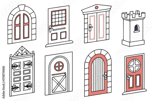 Collection of various cartoon style doors and a tower, including arched, panelled, and castle doors designs on transparent background