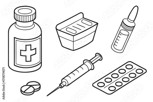 Outline drawing of medical supplies including bottle pills syringe ampule and blister pack for healthcare use on transparent background