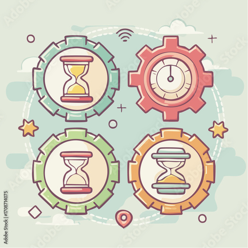 Timeless Gears of Progress: A dynamic illustration of interconnected gears, each depicting the passage of time through different symbolic elements, showcasing concepts of efficiency and management.