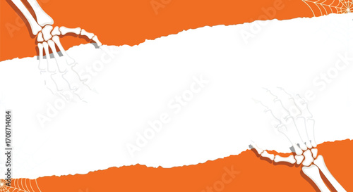 Spooky skeleton hands reaching out from torn orange background with cobwebs