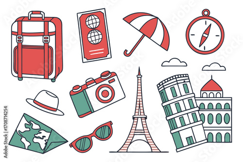 Travel essentials vector illustration featuring suitcase passport eiffel tower and leaning tower of pisa icon on transparent background