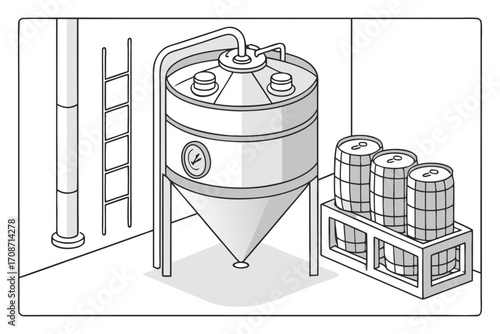 Brewery equipment and beer barrels vector illustration for industrial design and production process art on transparent background