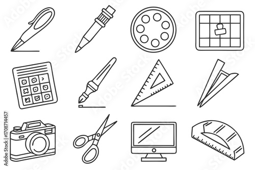 Stationery and office supplies outline icons set vector illustration drawing tools and equipment concept on transparent background