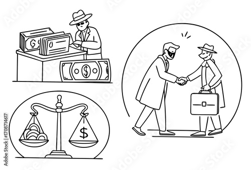 Financial crime and business deals illustration showing money laundering and ethical business practices ideas on transparent background