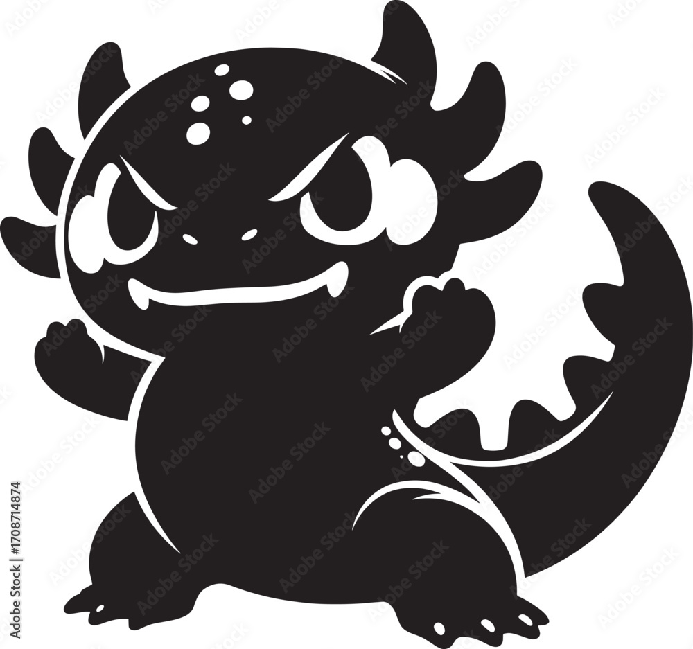 Fototapeta premium Cute black cartoon axolotl amphibian creature fierce expression playful pose ready to pounce
