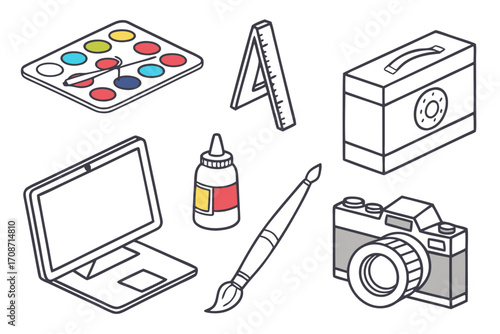 Creative art supplies and tools for painting drawing and photography equipment for artist and designer work on transparent background