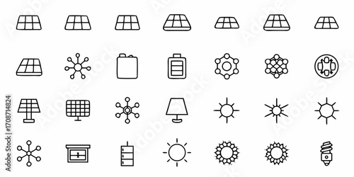 Dynamic collection of clean line art icons representing solar energy, power, and innovation, perfect for modern technology and renewable resource concepts.