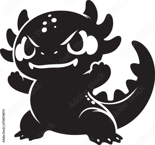 Cute black cartoon axolotl amphibian creature fierce expression playful pose ready to pounce