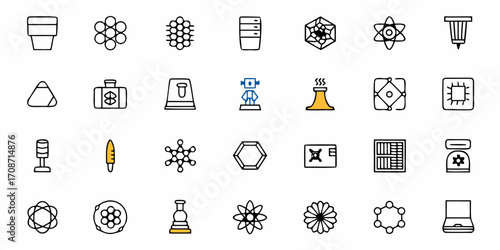 Dynamic collection of science, technology, and innovation icons featuring molecular structures, robots, processors, and laboratory equipment for dynamic presentations and modern digital content.