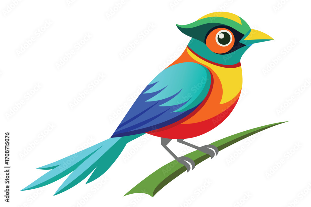 Fototapeta premium Stylized colorful bird perched on a green branch with a white background illustration cartoon
