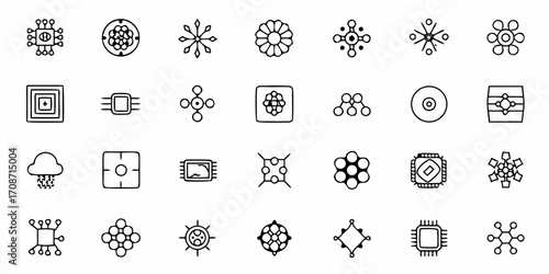 Modern technology icons set featuring microchips, networks, and abstract science concepts, perfect for digital innovation and futurist designs