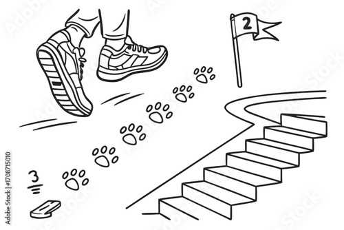 Walking steps towards success challenge with footprints and stairs illustration vector line art design on transparent background