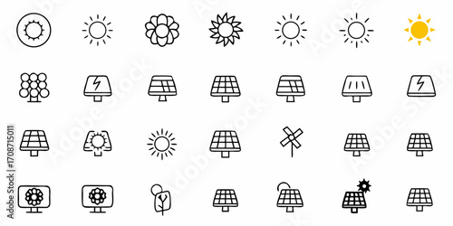 Dynamic collection of solar energy icons featuring sun symbols, solar panels, and wind turbines, perfect for modern eco-friendly projects and clean energy presentations.