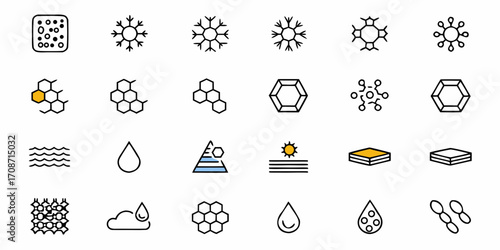 Collection of scientific and natural icons representing molecules, water, snowflakes, honeycomb structures, and layered materials for educational or research presentations