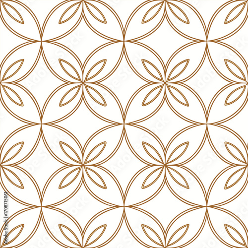 Seamless geometric pattern of interlocking golden circles and floral motifs repeating pattern