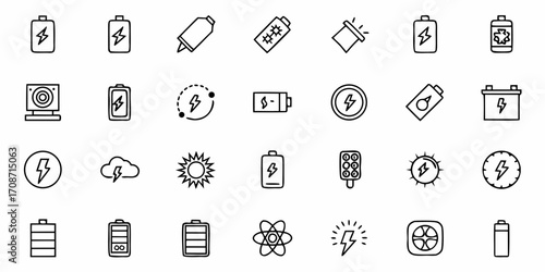 Dynamic collection of modern icons representing energy, power, and technology for innovative digital projects and creative applications