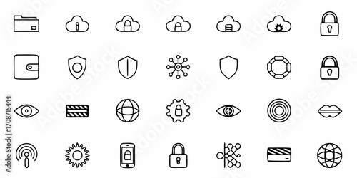 Modern collection of hand-drawn icons representing cybersecurity, digital identity, data protection, and secure finance, perfect for tech startups and financial services.