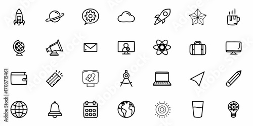 Doodle-style icon collection representing business, technology, science, and global concepts, perfect for modern presentations and digital projects.