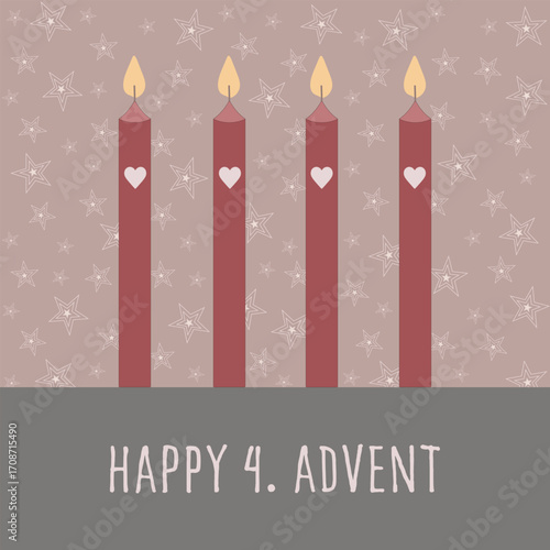 Happy 4. Advent - Schriftzug in englischer Sprache - Fröhlicher 4. Advent. Quadratische Grußkarte mit vier Kerzen vor einem Hintergrund mit Sternen.