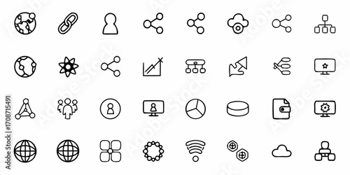 Diverse collection of simple, hand-drawn business and technology icons representing connectivity, data, people, and communication for modern digital projects