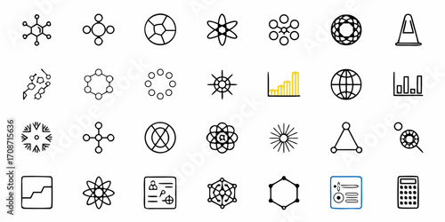 Dynamic collection of science and business icons featuring molecular structures, graphs, globes, and abstract symbols for innovation and research projects.