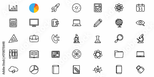 Captivating collection of hand-drawn icons representing business, science, technology, and education for modern presentations and creative projects