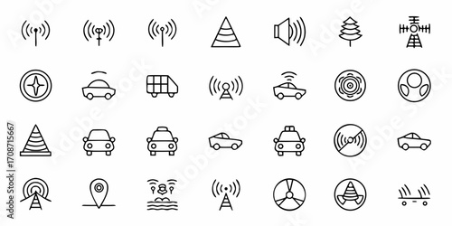 Modern icon set showcasing transport, communication signals, navigation, and environmental elements for diverse digital and print applications, perfect for tech and business concepts