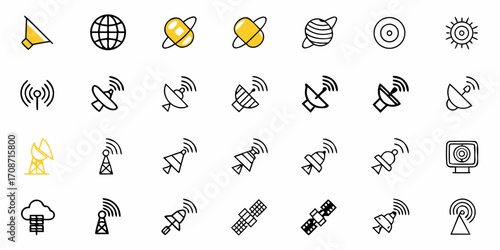 Dynamic collection of communication and technology icons featuring satellites, antennas, globes, and signal waves for modern digital projects and global connectivity concepts