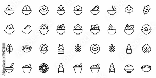 Fresh vibrant salad ingredients and herbal remedies icon collection for healthy living and natural wellness branding projects
