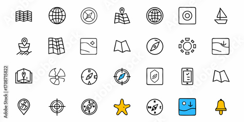Discover your next adventure with this vibrant collection of travel and navigation icons, perfect for maps, guides, and journey planning