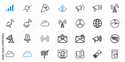 Dynamic icons representing communication, connectivity, and technology, perfect for modern digital projects and informational graphics showcasing signal strength and network.