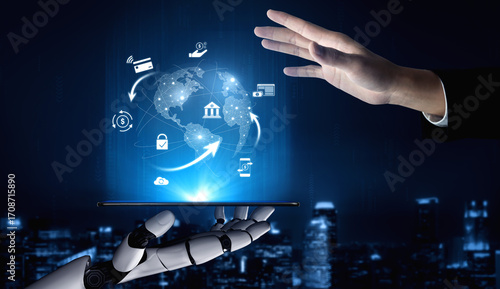 Fotografie AI managing digital payment network, verifying transactions, enhancing security, and processing global financial transfers through connected platforms