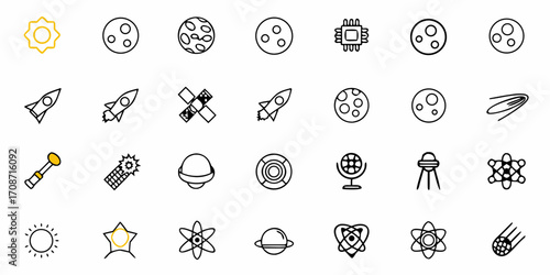 Explore the cosmos with this dynamic collection of space-themed icons featuring rockets, planets, stars, satellites, and futuristic technology for your next project