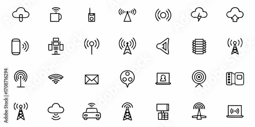 Dynamic collection of modern technology and communication icons representing connectivity, data transfer, and digital signals for innovative projects