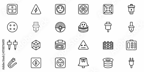 Essential electrical connectors and warning symbols for technology, industry, and DIY projects, perfect for modern design and safety awareness