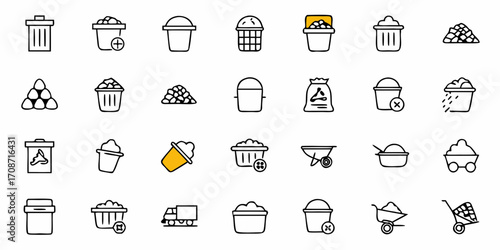 Modern collection of clean line art icons representing waste bins, buckets, bags, and material transport for construction or cleanup projects, offering versatile visual solutions.