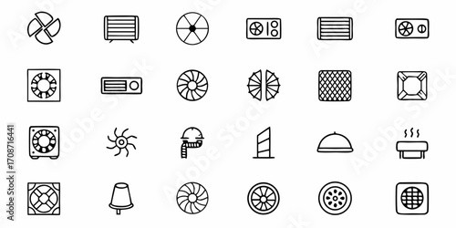 Dynamic collection of hand-drawn fan and ventilation icons, essential for technology, industry, and cooling system designs, showcasing innovation and airflow