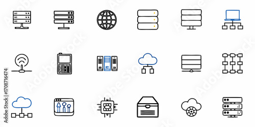 Dynamic collection of modern technology and network icons representing servers, clouds, and global connectivity for digital innovation and data management solutions