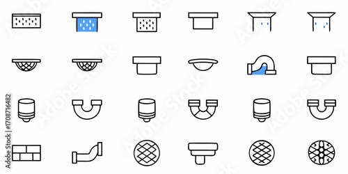 Modern plumbing icons depicting various pipe fittings, drains, and water flow elements for construction, renovation, and home improvement projects