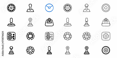 Discover dynamic icons representing gears, joysticks, and stamps, perfect for modern tech, gaming, and business projects needing a creative, abstract touch.